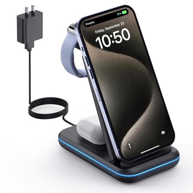 Wireless Charging Station - GEEKERA 3 in 1 Foldable Wireless Charger Stand for iPhone 15/14 13 12 11 Pro Max/X/8, Charging Station for Multiple Devices Apple Watch Ultra/SE/8/7/6/5/4, AirPods 2/3/Pro