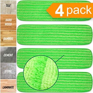 Microfiber Mop Pads 4 Pack - Reusable Washable Cloth Mop Head Replacements Best Thick Spray Wet Dust Dry Flat Velcro Attachment 18" Inch - Cleaning Refill Fits Bona, Bruce, Rubbermaid, Libman + More