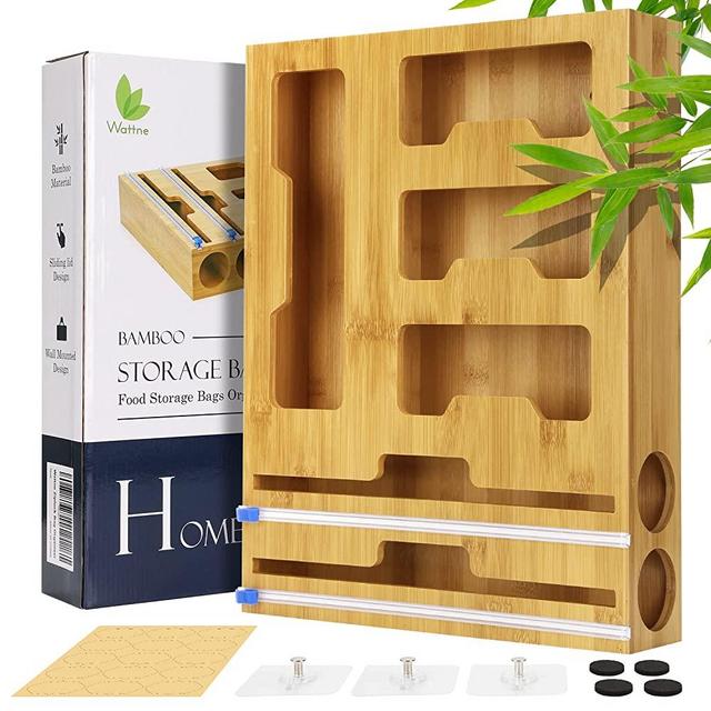 Wattne Bag Storage Organizer for Kitchen Drawer & Wrap Dispenser with Cutter, 6 in 1 Bamboo Organizer Compatible with 12" Aluminum Foil Roll, Suitable for Gallon, Quart, Sandwich Bags, Roll etc