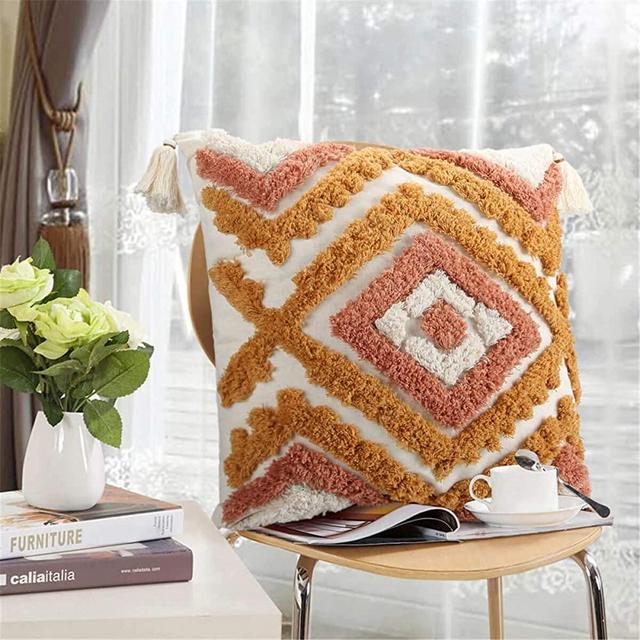 ANGELLOONG Decorative Throw Pillow Covers 18x18, Cotton Boho Pillow Covers with Tassels, Woven Tufted Farmhouse Pillow Covers for Couch Sofa Bedroom Living Room (No Pillow)