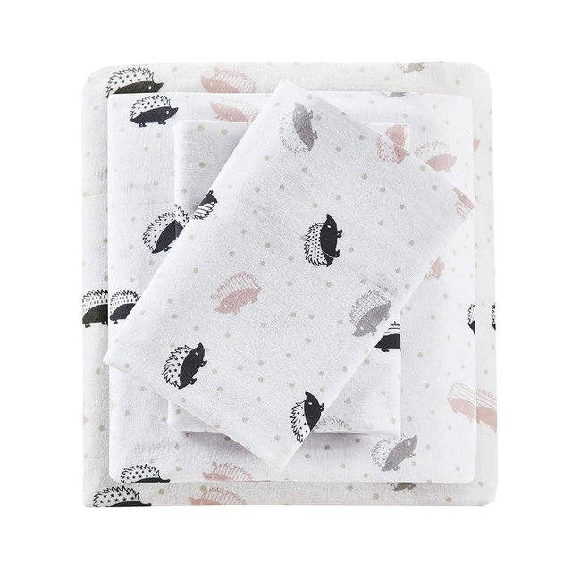 Intelligent Design Cozy Soft 100% Cotton Flannel Print Animals Stars Cute Warm, Ultra Soft Cold Weather Sheet Set Bedding, Queen, Pink/Grey Hedgehogs 4 Piece