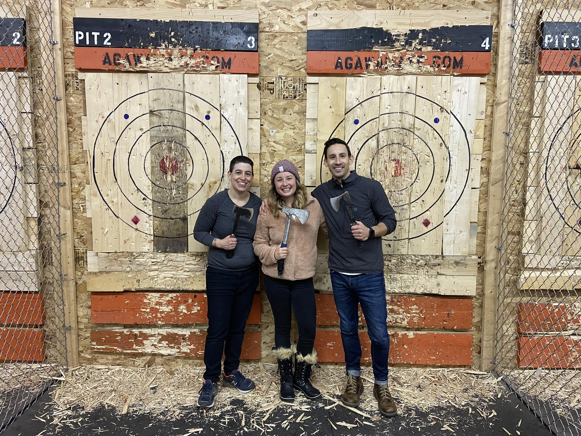 Axe throwing with Conor's sister, Colleen, in Massachusetts