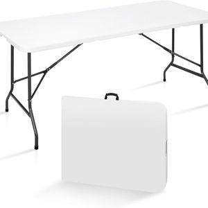 SUPER DEAL 6FT Folding Table for Indoor Outdoor, Portable Heavy Duty Fold-in-Half Plastic Dining Picnic Party Camping Table with Carrying Handle