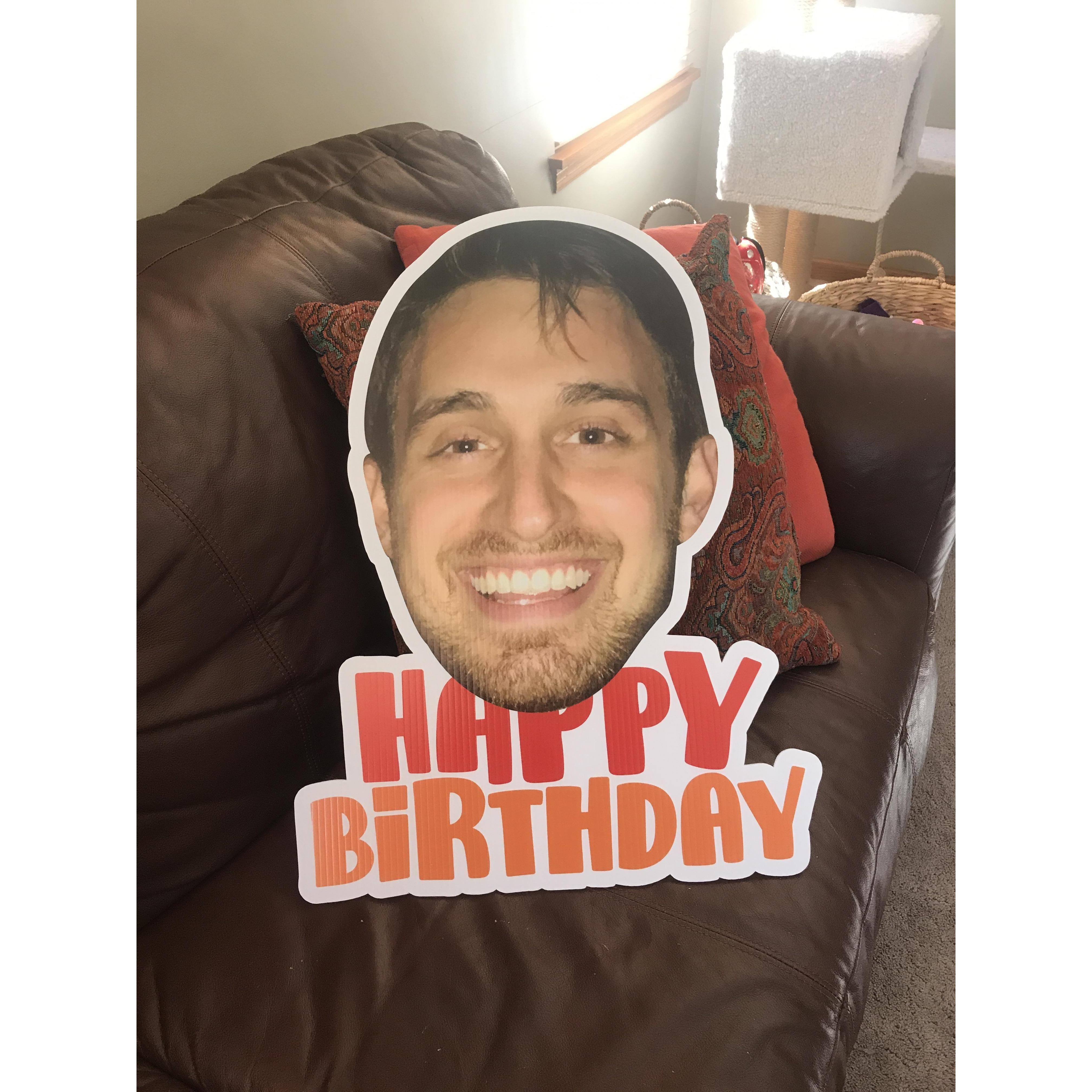 Sign Kathy had made for Seb's 27th surprise birthday party.