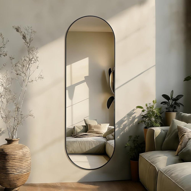 TheiaMo Oval Full Length Mirror, 60"×19" Wall-Mounted Mirror with Metal Frame, Ultra-Clear Explosion-Proof, Simple and Classic Deco for Cloakroom/Bedroom/Living Room, Black