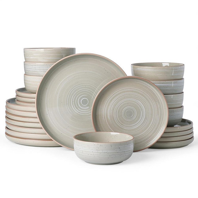 Famiware Meteor Plates and Bowls Sets, 24-Piece Stoneware Dinnerware Sets, Dishes Set for 8, Microwave and Dishwasher Safe Tableware, Matcha Green