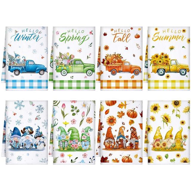 VitalCozy 8 Pcs Seasonal Kitchen Towels Decorative Set Gnome Truck Hand Dish Towels for Spring Summer Fall Winter Cute Absorbent Dishcloths Drying Tea Towel Decorative Wash Cloths, 16 x 24 Inches