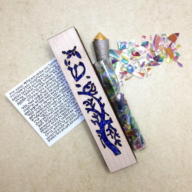 Tree of Life Blue Wedding Shards Mezuzah