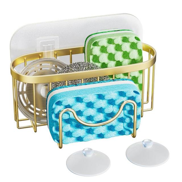 HapiRm Multifunctional Sponge Holder for Kitchen Sink with Unique M-shaped, Two Installation Methods Sink Caddy, Stainless Steel Sink Organizer for Sponge, Brush, Sink Stopper and Scraper -Gold
