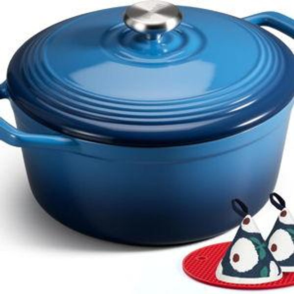 Overmont Enameled Cast Iron Dutch Oven - 5.5QT Pot with Wide Handles Lid Cookbook & Cotton Potholders - Heavy-Duty Pre-Seasoned Cookware Oven Safe to 500°F for Braising, Stews, Roasting, Bread Baking