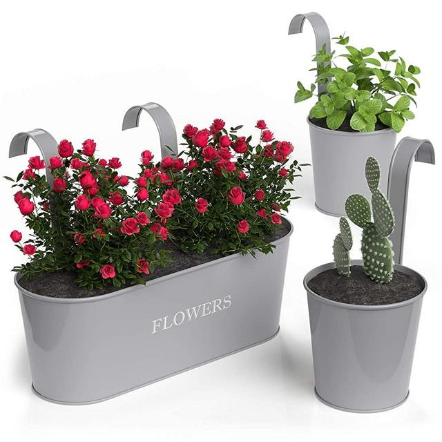 Barnyard Designs Metal Wall Planter, Indoor Outdoor Hanging Plant Pot Decor, Rustic Herb Flower Plant Holder, Cool Grey, Large: 11.25" x 4.25" x 3.75", Small: 4.30" x 4", Set of 3