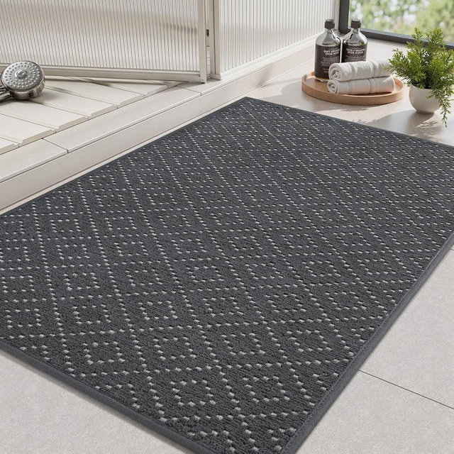 AMOAMI Thin Bath Mat, Super Absorbent Bath Mats for Bathroom, Quick Dry Rubber Backed Bath Rug Non Slip, Chenille Surface Thin Bathroom Rugs Fit Under Door,Low Pile Shower Rug,Dark Grey,20" x 32"