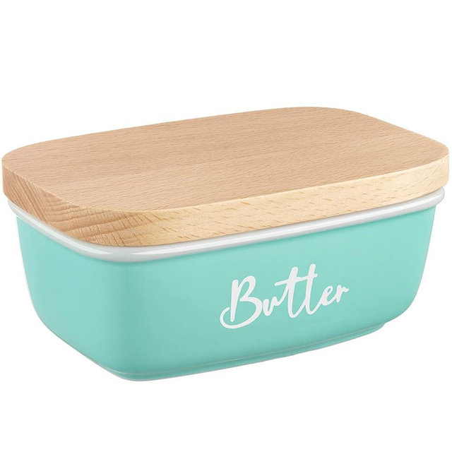 ALELION Turquoise Ceramic Butter Dish with Lid - Turquoise Kitchen Decor & Teal Kitchen Accessories for Countertop - Butter Keeper Container with Thick Beech Wood Lid - Cute Modern Farmhouse Decor