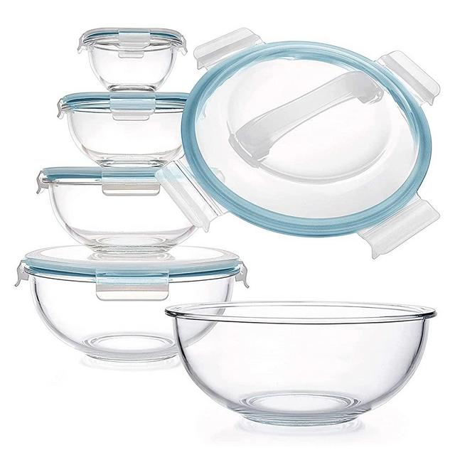 Luvan Glass Mixing Bowl with Lids Set of 5(0.2QT, 0.5QT, 1.1QT, 2.1QT, 3.75 QT), Space-Saving Nesting Bowls Anti-slip Salad Bowls for Storage, Cooking, Microwave,Freezer,Oven and Dishwasher Safe
