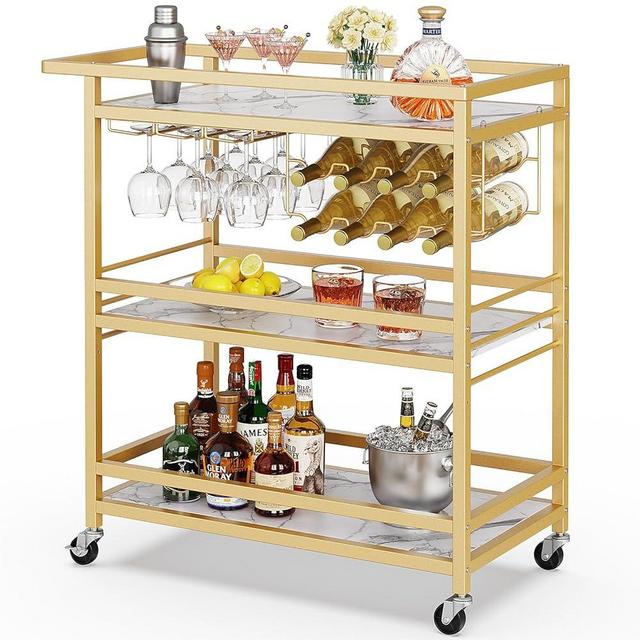 Leteuke Bar Cart for Home, 3 Tier Gold Serving Rolling Carts with Wheels, Drink Cart, Liquor Stand with Marbled Wooden Shelves, Wine Rack and Glass Holder for Kitchen, Dining Room