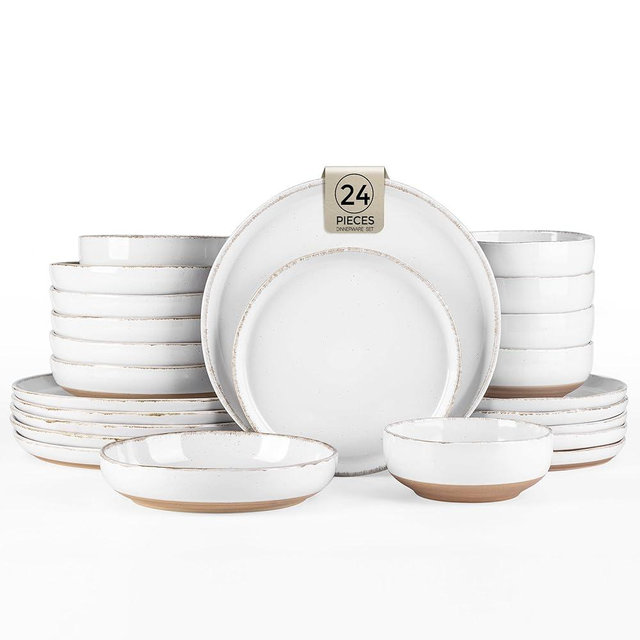 AmorArc 24 Pieces Ceramic Dinnerware Sets for 6, Handpainted Plates and Bowls Set with Rustic Terracotta Underside, Scratch Resistant Stoneware Dishes Set, Dishwasher & Microwave Safe, White