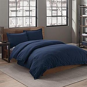 Garment Washed Solid King Duvet Cover Set in Navy