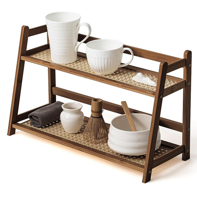 Yalikop 1 Pcs 2 Tier Matcha Station Shelf Bamboo Coffee Mug Stand Countertop Storage Rack, Double Layer Rattan Office Cup, Kitchen, Tea, Plant, Bar Accessories Condiment Display(Brown,17.7 Inch)