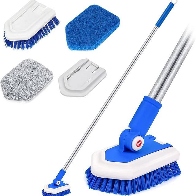 Lalafancy Shower Cleaning Brush with Locking Head, 3 in 1 Tub Tile Scrubber Brush with 46'' Extendable Long Handle Stiff Bristles Scouring Pads Microfiber for Cleaning Bathtub Shower Wall Bathroom