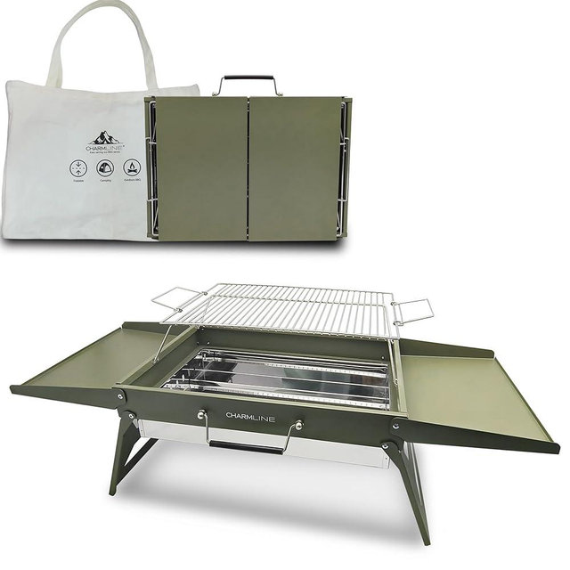 Charmline 20 x 14 inches Large Foldable Portable Charcoal BBQ Grill, Camping BBQ Grill for 3–5 People, Ideal for Camping, Garden, Beach, Picnic & Tabletop Use, Green