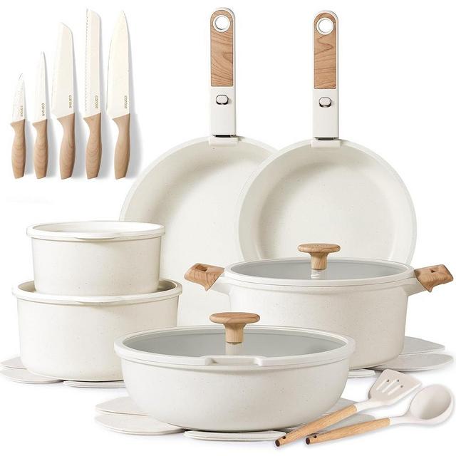 CAROTE 25pcs Pots and Pans Set Non Stick, Cookware Sets, Kitchen Set, Oven/Dishwasher/Fridge Safe, Space Saving Pots Set, Nonstick Set with Versatile Detachable Handle with Knife Set, Cream