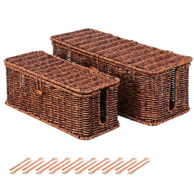 BROWNLILY Cable Management Box, Rattan Style Cord Organizer for Desk Cord Hider Outlet Covers Baby Proofing for Power Strip TV PC Router Charger Under Desk Storage with Lockable Lid and Cable Ties