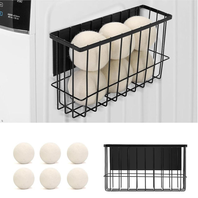 Magnetic Dryer Ball Holder for Laundry Room Organization with Balls, Magnetic Lint Bin for Laundry Room XL Wool Dryer Ball Organizer, Iron Storage Container Basket Rack for Refrigerator (Black)