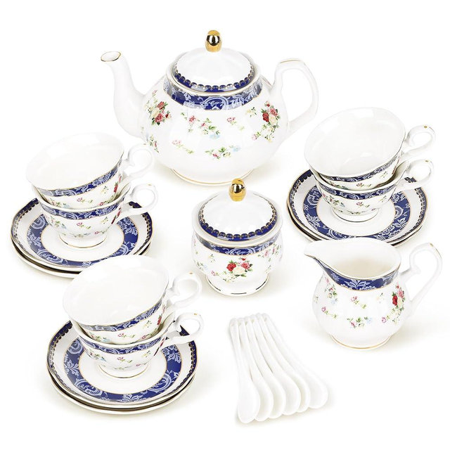 fanquare Bone China Tea Sets for Adults, 21-Piece Blue Lace and Roses Porcelain Tea Service with Sugar Bowl & Creamer, English Cremic Floral Teacups Set of 6 for Women Tea Party