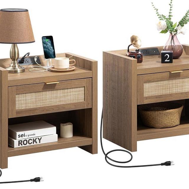 SICOTAS Night Stand Set of 2 Nightstands - Rattan Bed Side Table with Type-C Charging Station, Drawer Storage End Table - Boho Bedside Stand Night Stands for Bedroom - Natural Oak