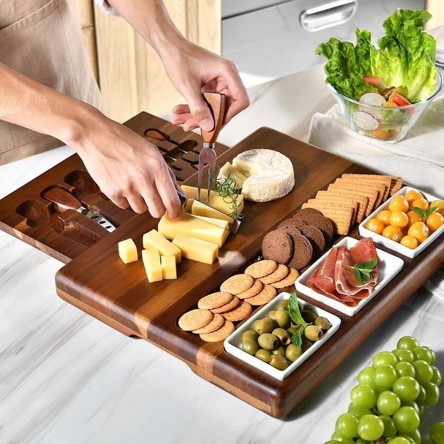 SHANIK Wooden Serving Board for Foods, Food Serving Platter, Cheese Board with Cutlery Set, Personalized Charcuterie Board Set with Utensils