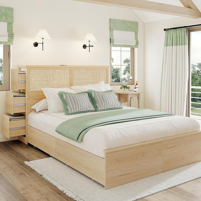 Yechen Natural Rattan Queen Bed with 10 Storage Drawers and Wide Storage Headboard, 48" Tall Boho Wooden Bed Frame Steel Stand and Charging Station, Sturdy Bamboo Bed, No Box Spring Needed/Noise Free