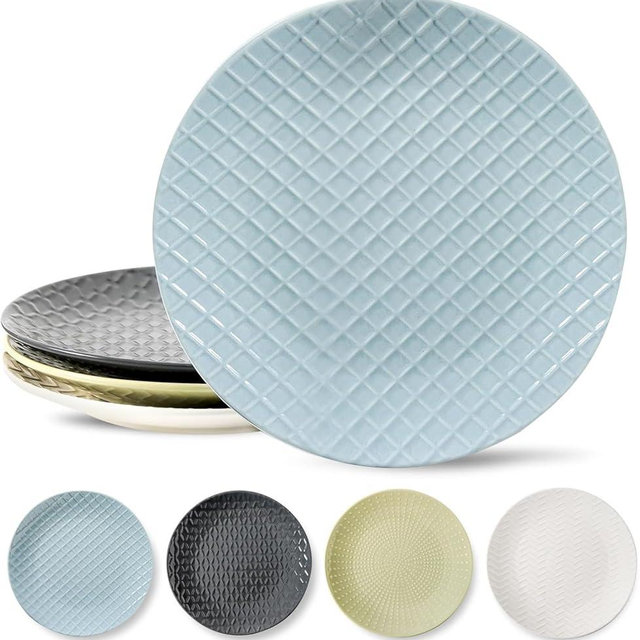 HASENSE Dinner Plates Set of 4, 10 Inch Ceramic Dishes for Kitchen, Embossed Porcelain Plates for Steak, Pasta, Salad, Microwave Oven and Dishwasher Safe, Colorful