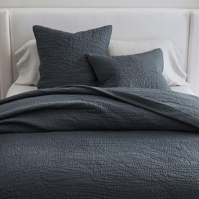 Steel Blue Belgian Flax Linen Handcrafted Quilt, King/Cal. King