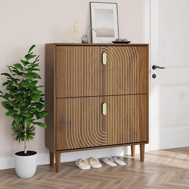 Smuxee Shoe Cabinet with 2 Flip Drawers, 31.5" Walnut Hidden Shoe Storage Cabinet with Line Groove Design, Freestanding Shoe Organizer Cabinet for Hallway, Entryway, Living Room