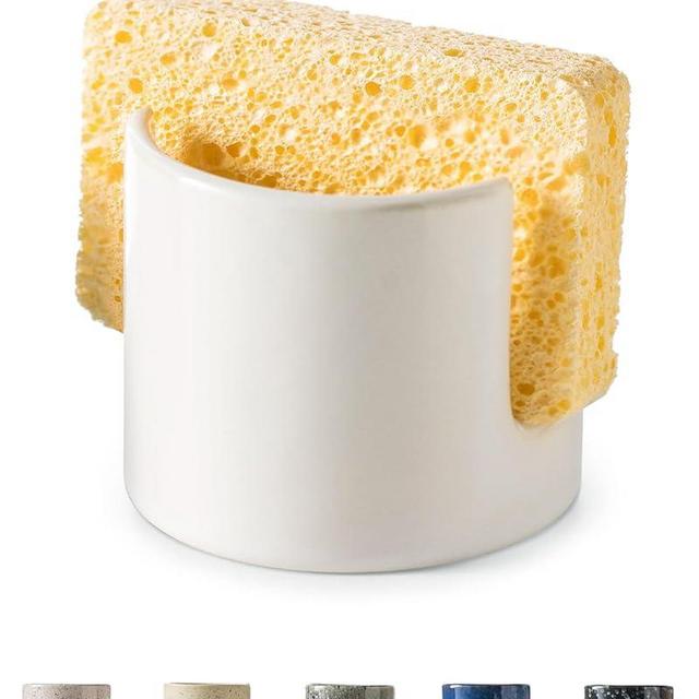 Zoeeker Sponge Holder for Kitchen Sink, Ceramic Dish Sponge Drying Caddy Scrubby Daddy Kitchen Organizer Cute Dish Rack for Sink Counter, Beige White
