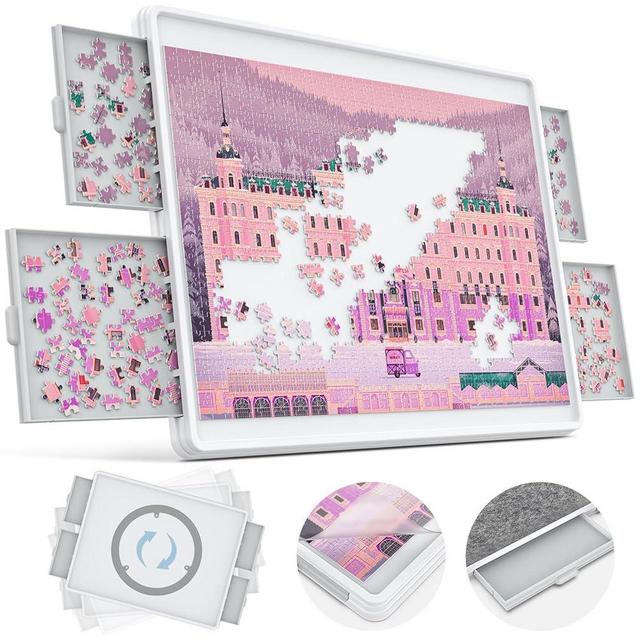 1500 Piece Rotating Puzzle Board 4 Drawers and Cover, 35"x28" Double Sided Felt Mat Portable Jigsaw Puzzle Table with Lazy Susan Spinning for Adults and Kids