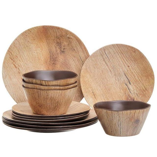 12-Pc. Melamine Dinnerware Set in Wood Grain
