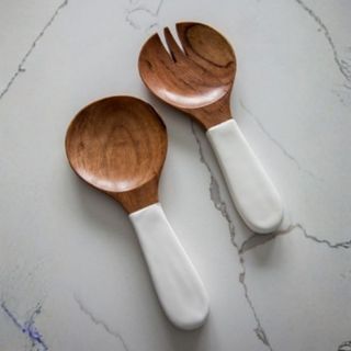 Wood & White Salad Servers