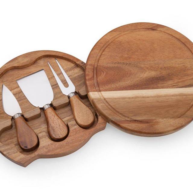 IL Round 7.5 inch Slide-Out Acacia Wood Cheese Serving Board and 3 Piece Cheese Tool Set,Ideal for Wedding Birthdays Christmas Anniversary Housewarming Kitchen Personalized Gift