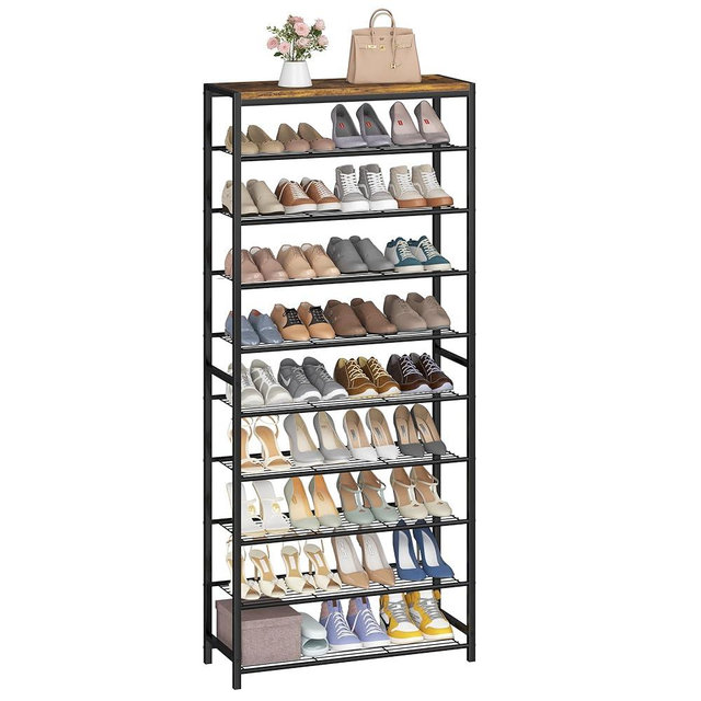 HOMEFORT 10 Tiers Shoe Rack Organizer,30" Shoe Storage Shelf for Closet, Shoe Rack for Entryway,Holds 36-40 Pairs of Shoe, Tall Shoe Stand with Metal Shelves and MDF Top Board,Rustic Brown