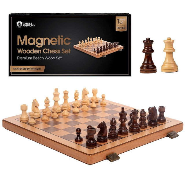 Chess Set Magnetic - Premium Wooden Board Game with a Portable Wood Case and Secure Storage for Pieces, Set for Adults (Beech Wood) - Chess Armory