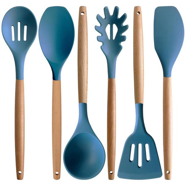 IOCBYHZ Silicone Cooking Utensils Set 6Pcs Heat Resistant Silicone Kitchen Utensils Set for Cooking Spatula Spoon Turner Ladle w Wooden Handle, BPA FREE Kitchen Gadgets for Nonstick Cookware & Baking