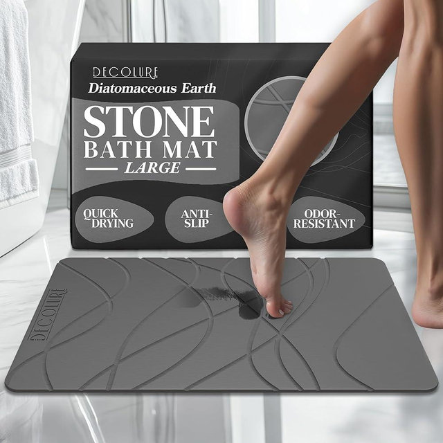 DECOLURE Stone Bath Mat Large, Quick Dry & Non-Slip Diatomaceous Earth Shower Mat for Bathroom, Luxurious & Easy to Clean Diatomite Stone Mat for Bathroom, Kitchen, High Density (Large, Grey)