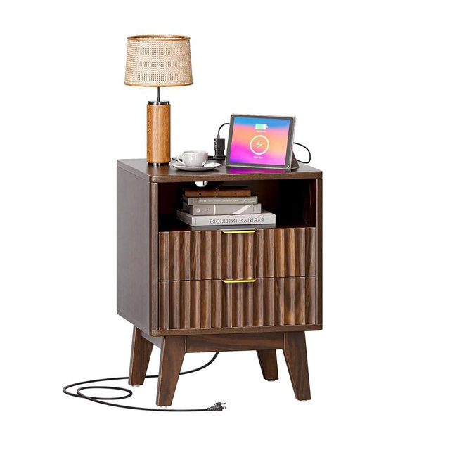 Butinsx Nightstand with Charging Station, Modern Fluted 2 Drawers End Table, Side Table with Storage Shelf for Bedroom, Office, Walnut