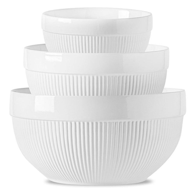 Large Ceramic Mixing Bowls, White Kitchen Bowls (1QT/2.3QT/4.6QT), Set of 3 Nesting Bowls for Baking, Cooking, Serving, Prepping, Dough Bread Making Bowl, Microwave and Dishwasher Safe