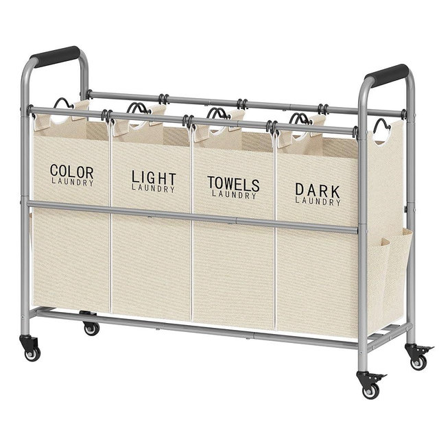 Tajsoon 4 Bag Laundry Sorter Cart, 4 Section Laundry Hamper Sorter with Heavy Duty Lockable Rolling Wheels, Laundry Separator Hamper with Removable Bags for Dirty Clothes Storage, Beige