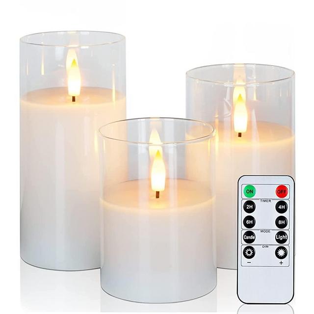 Amagic Clear Glass Flameless Candles Battery Operated with Timer, Remote Control, LED Pillar Candles Battery Powered, Pure White Wax, D3"H4"5"6", Set of 3