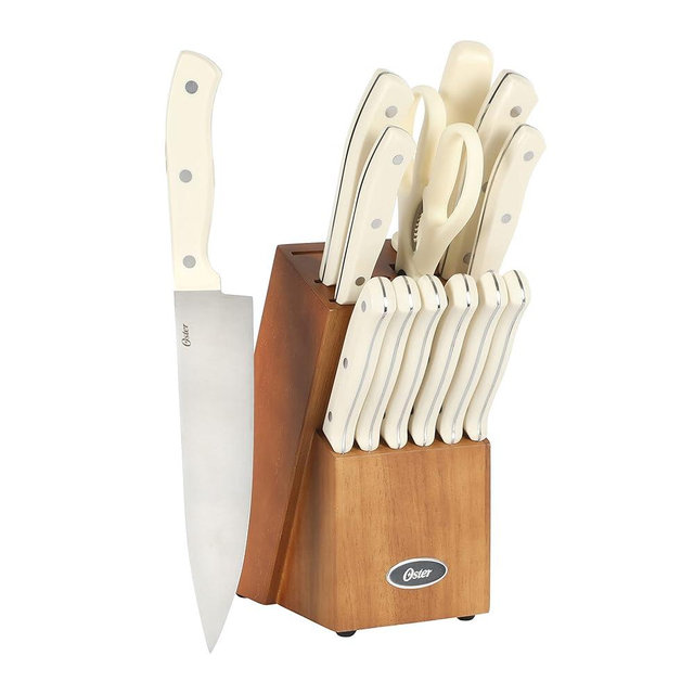 Oster Evansville 14 Piece Cutlery Knife Block Set, Stainless Steel w/Linen White Handles