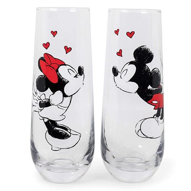 Exclusive Mickey and Minnie Mouse Kiss Hearts 2-Pack Stemless Fluted Glassware Set | Disney Kitchen Accessories | Drinkware For Home Bar, Couples Gift Housewares | Each Glass Holds 9 Ounces