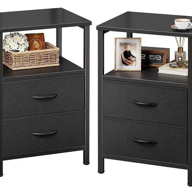 Huuger Night Stand Set of 2, Nightstand with 2 Drawers, Bed Side Table with Open Shelf, Wooden Top, End Table, Fabric Drawer, for Bedroom, Black